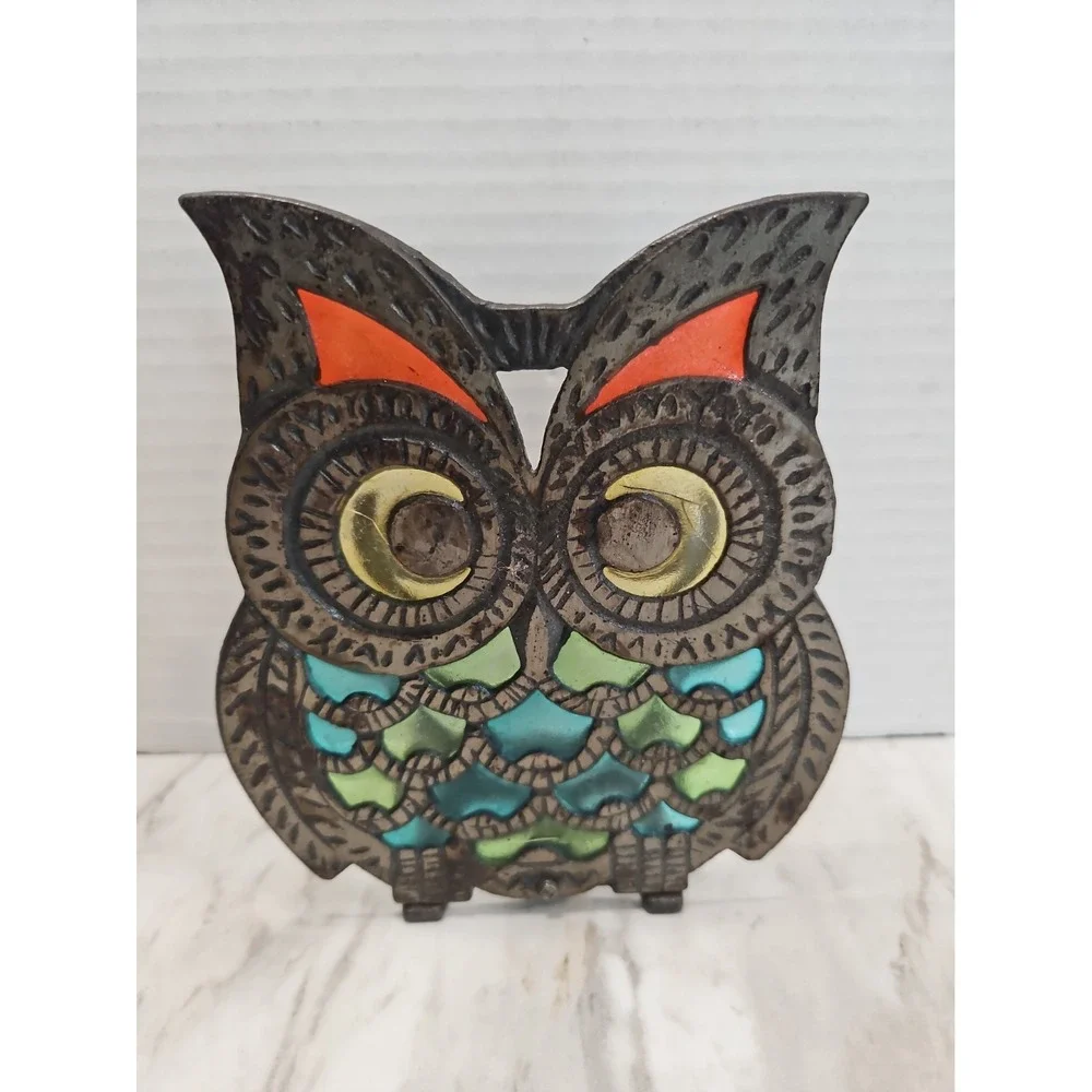 Vintage Owl 1960s-70s Stained Glass Cast Iron Napkin Holder Retro 5.5